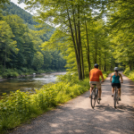Cyclists riding along the Pine Creek Rail Trail through Pine Creek Gorge near Wellsboro