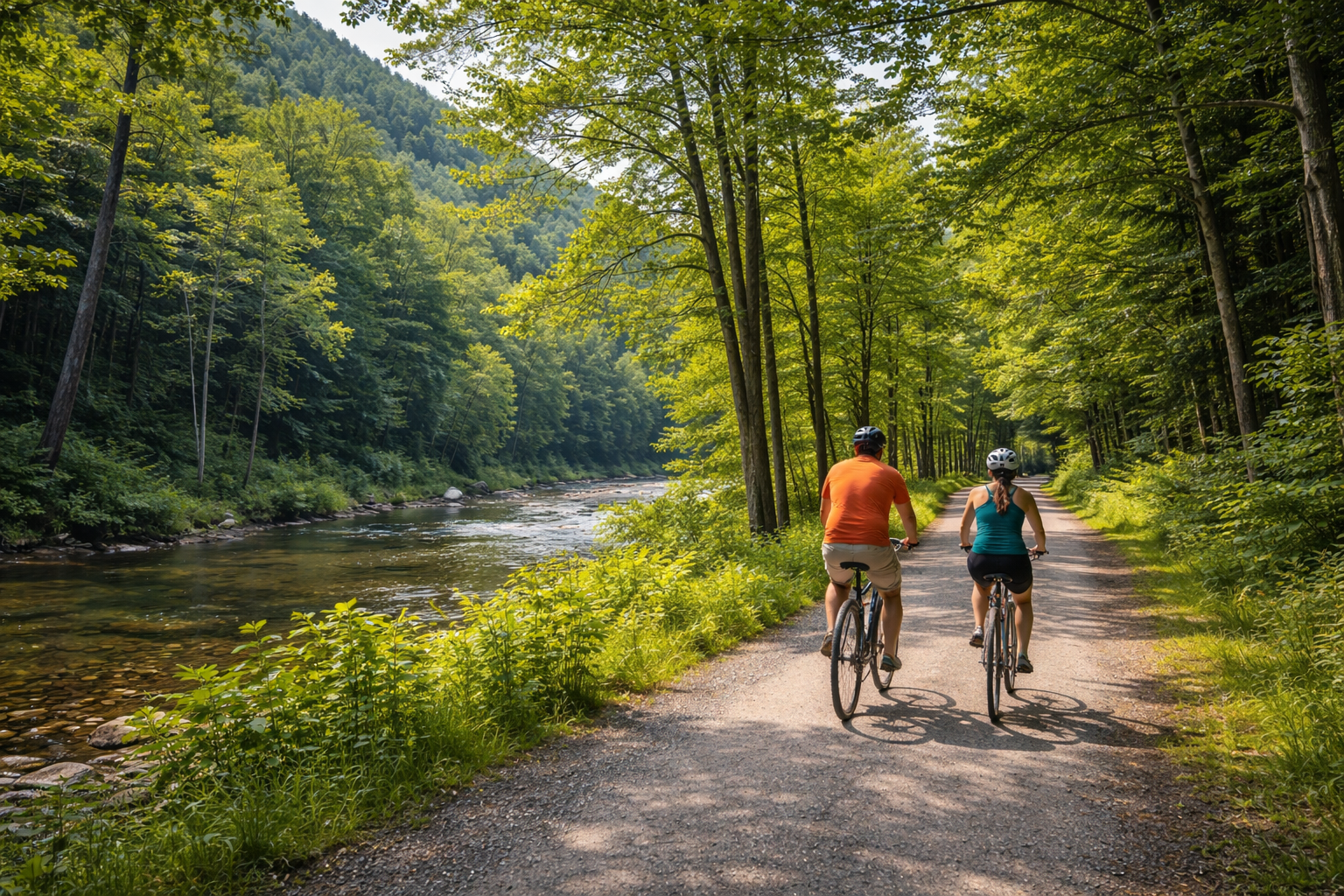 Cyclists riding along the Pine Creek Rail Trail through Pine Creek Gorge near Wellsboro