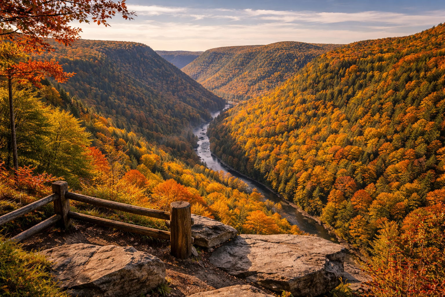 Autumn view of the Pennsylvania Grand Canyon overlooking Pine Creek Gorge with colorful fall foliage