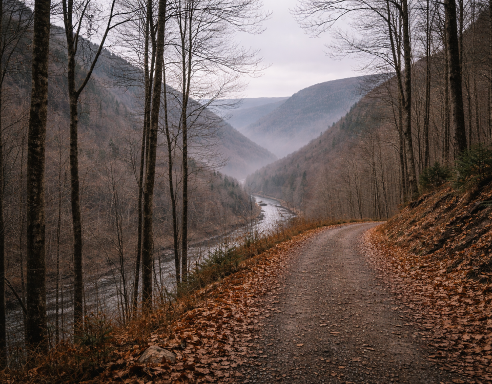 Late fall view of Pine Creek Gorge with bare trees and quiet landscape near Wellsboro