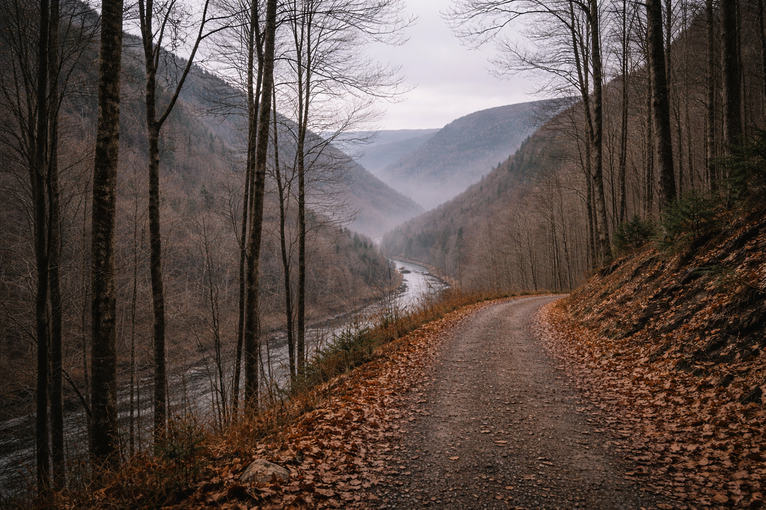 Late fall view of Pine Creek Gorge with bare trees and quiet landscape near Wellsboro